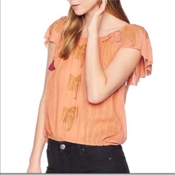 Free People Pukka Embroidered Tassel Peasant Top S Coral - Picture 7 of 8